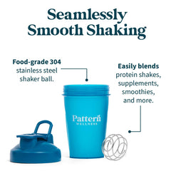 Pattern Wellness shaker bottle highlighting dishwasher-safe cleaning