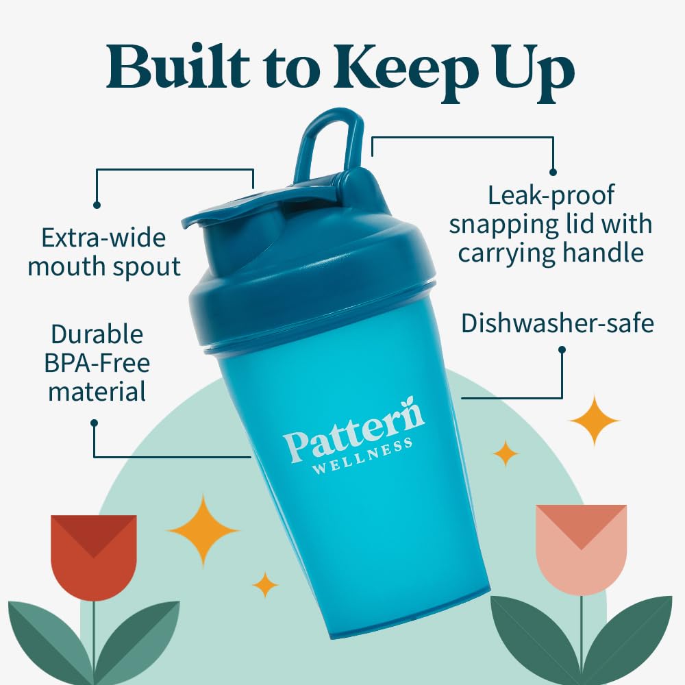Pattern Wellness shaker bottle featuring built-in measurement scale for portions