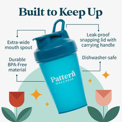 Pattern Wellness shaker bottle featuring built-in measurement scale for portions