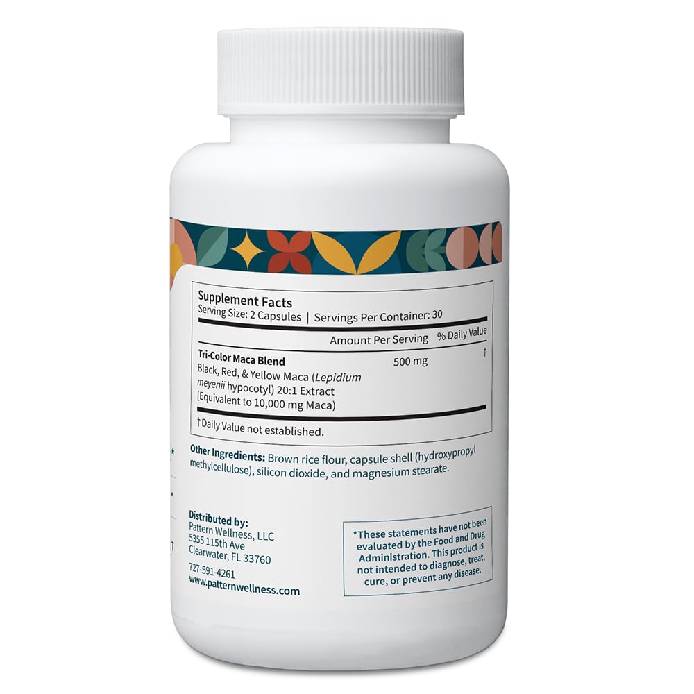 Pattern Wellness Tri-color maca blend image suggests natural balance.