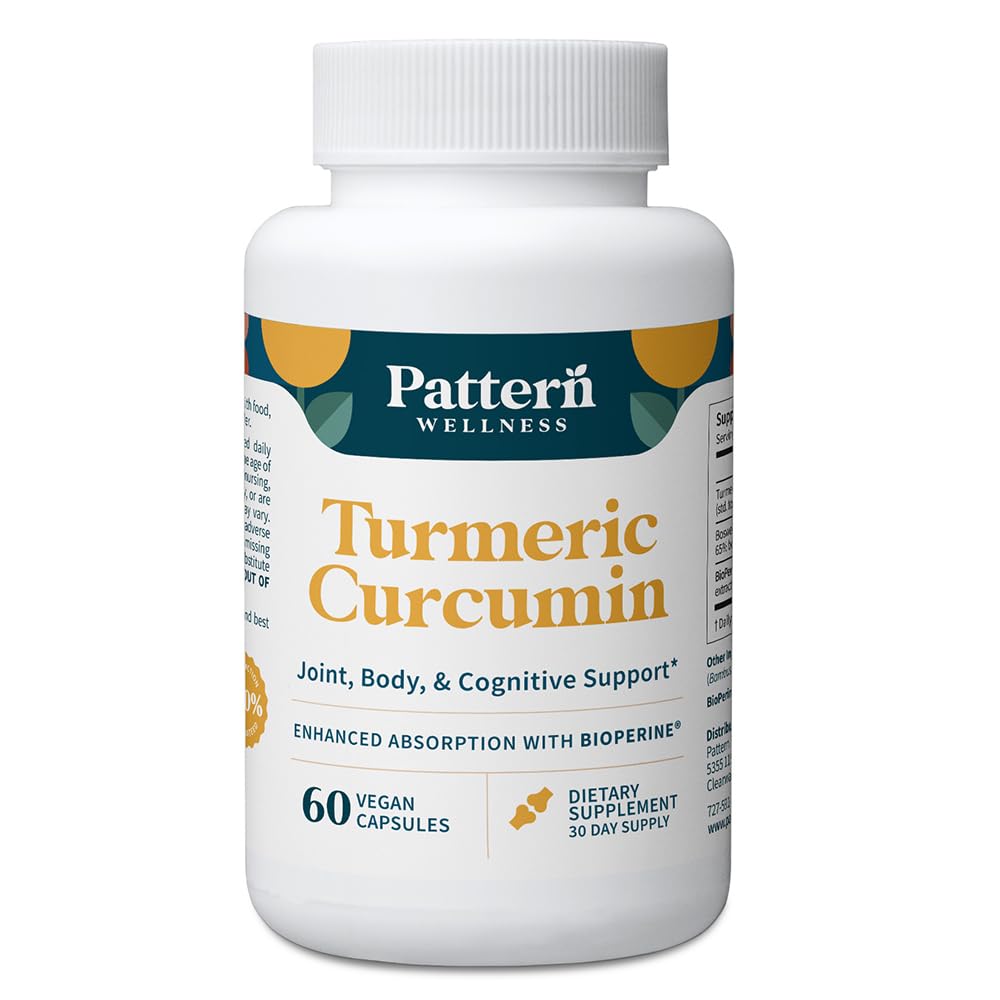 Pattern Wellness Turmeric Curcumin bottle close-up highlighting 95% curcuminoids.
