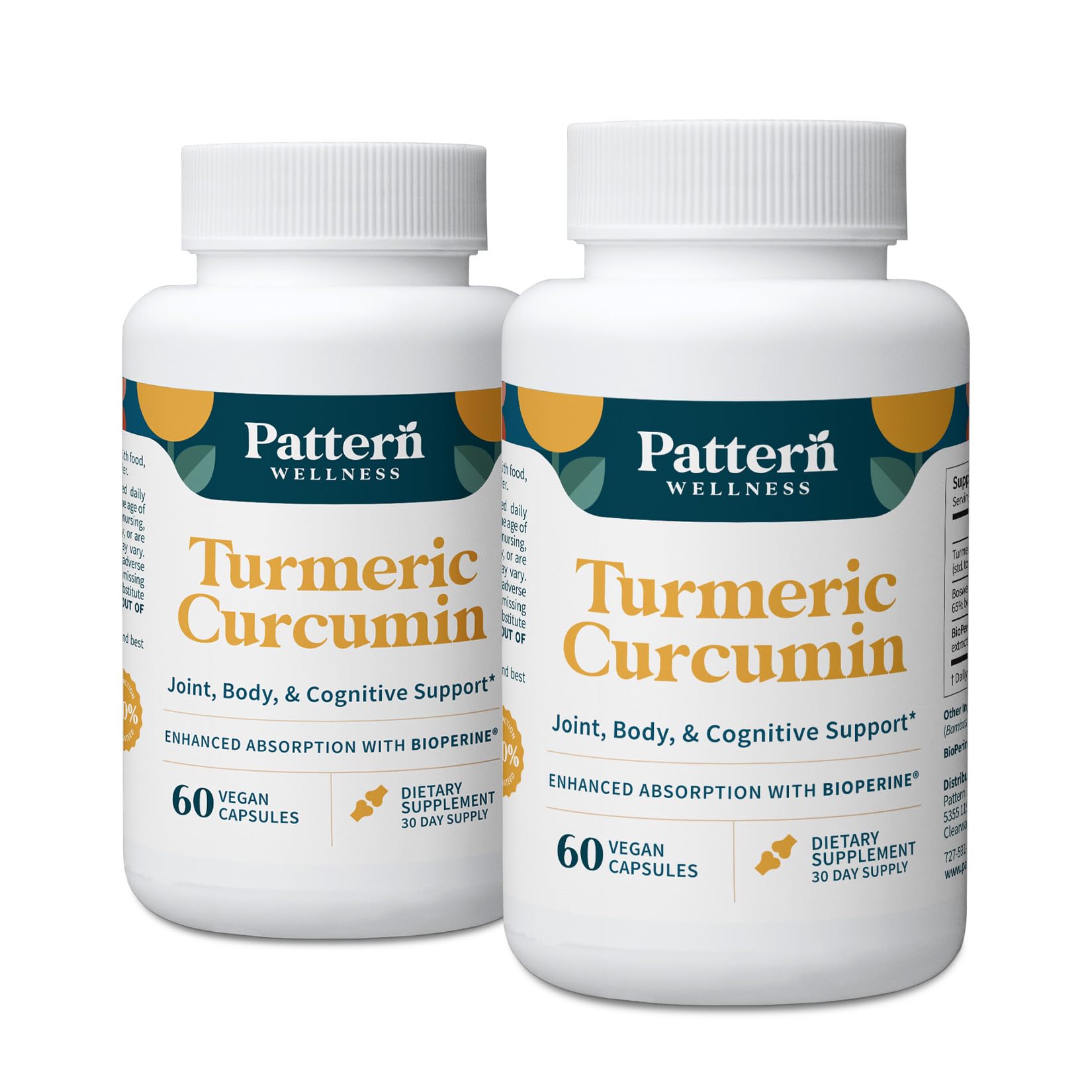 Pattern Wellness Turmeric Curcumin bottle highlights daily joint support potential.