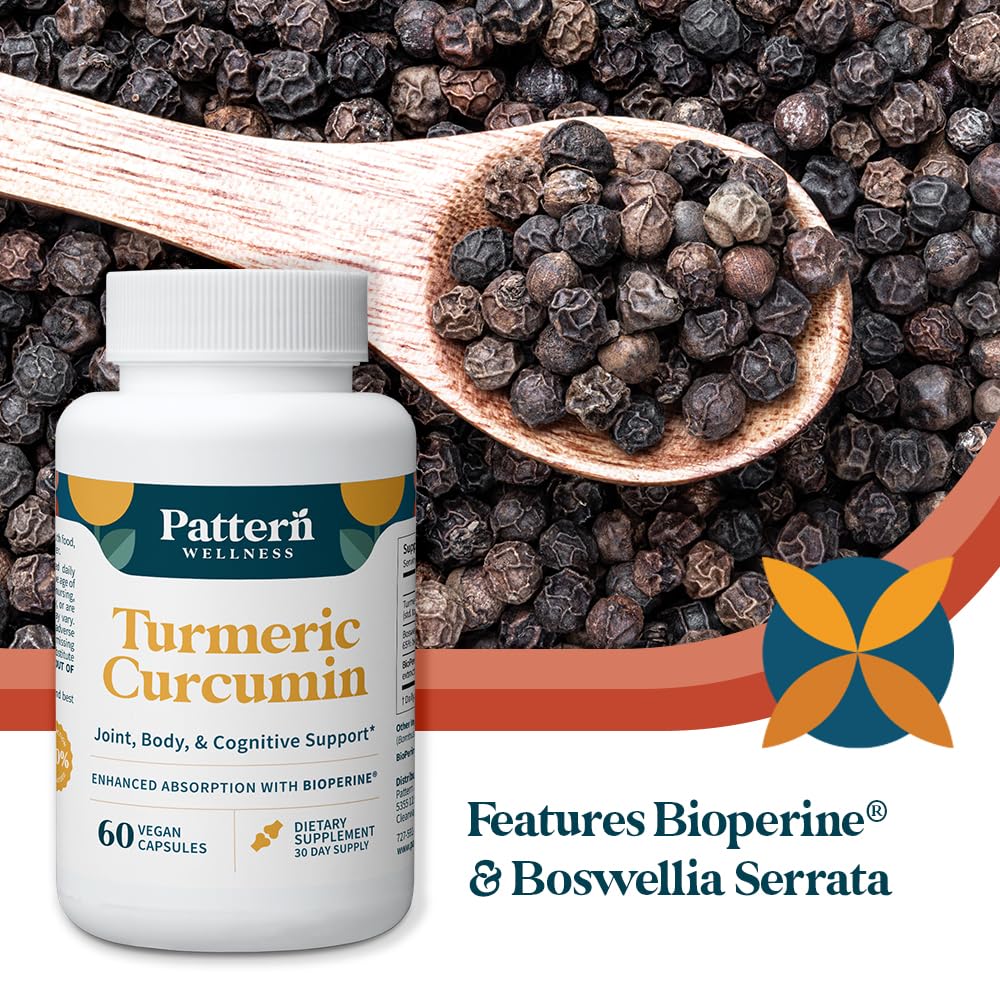 Pattern Wellness Turmeric Curcumin glass with capsules suggests pairing with meals for absorption.