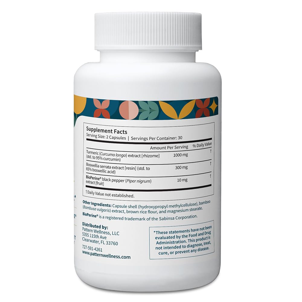 Pattern Wellness Turmeric Curcumin label closeup emphasizes BioPerine absorption benefits.