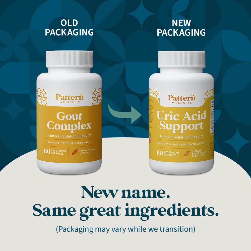 Pattern Wellness Uric Acid Support vegan gluten-free icons signaling clean formula.