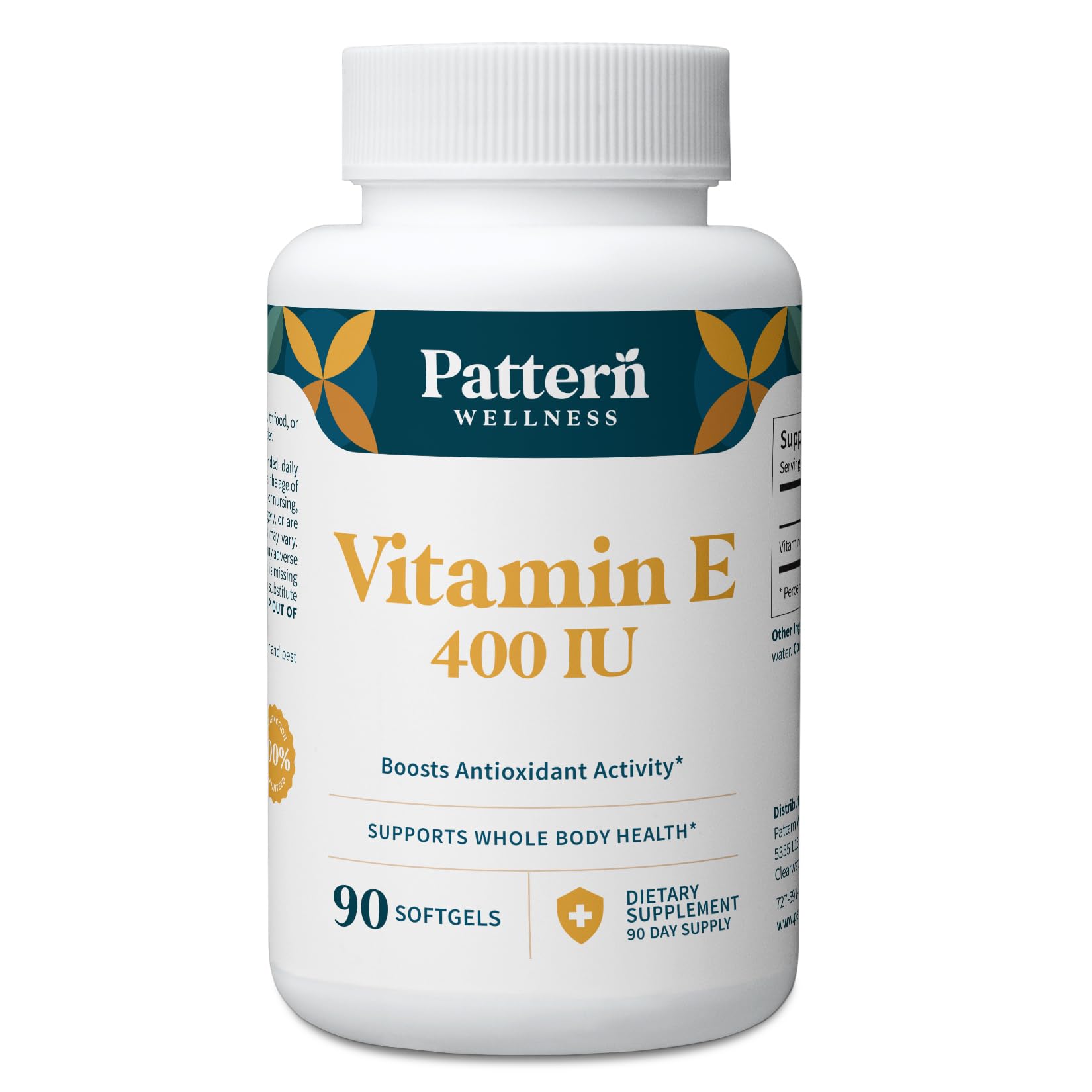 Pattern Wellness Vitamin E 400 IU softgels in bottle for antioxidant support.