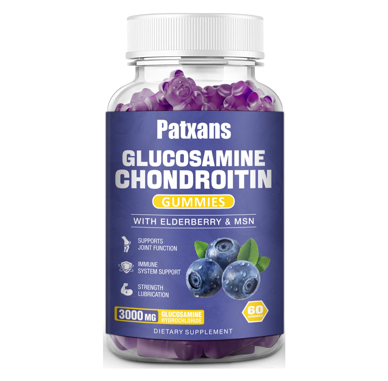 Patxans bottle front view showing glucosamine chondroitin gummies for joint support