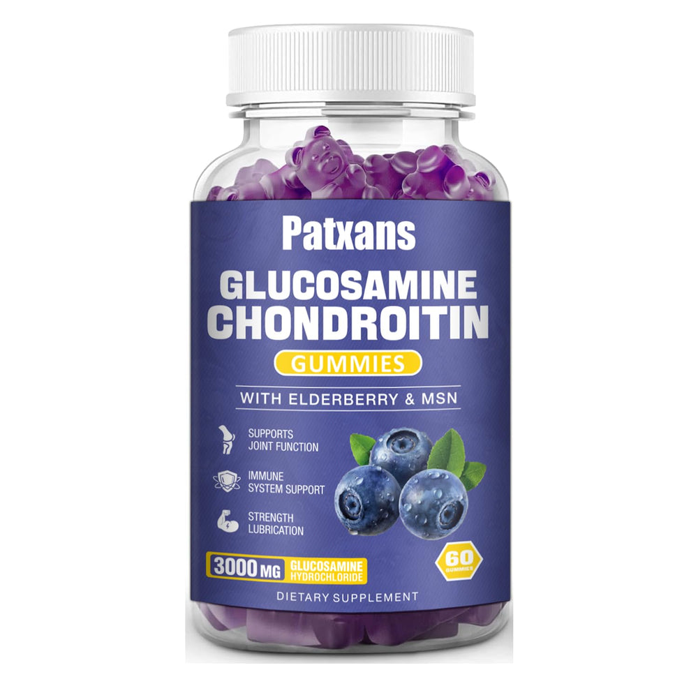 Patxans bottle front view showing glucosamine chondroitin gummies for joint support