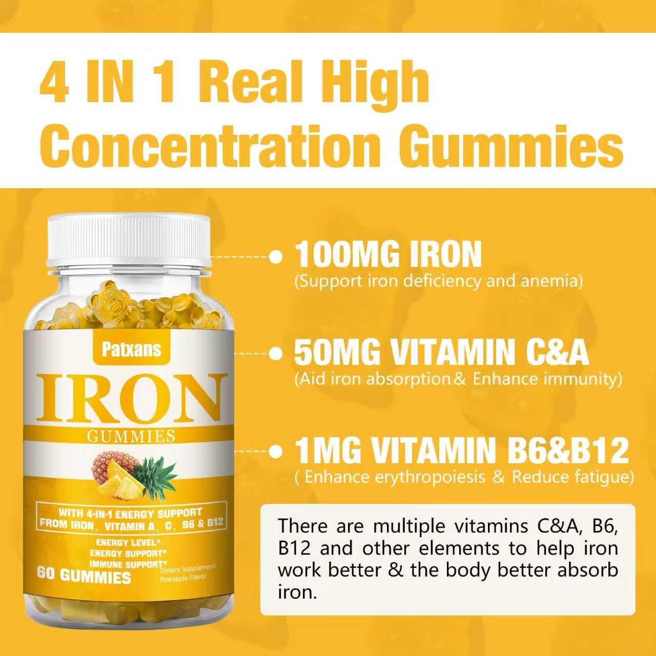 Patxans iron gummies label closeup showing vitamins included