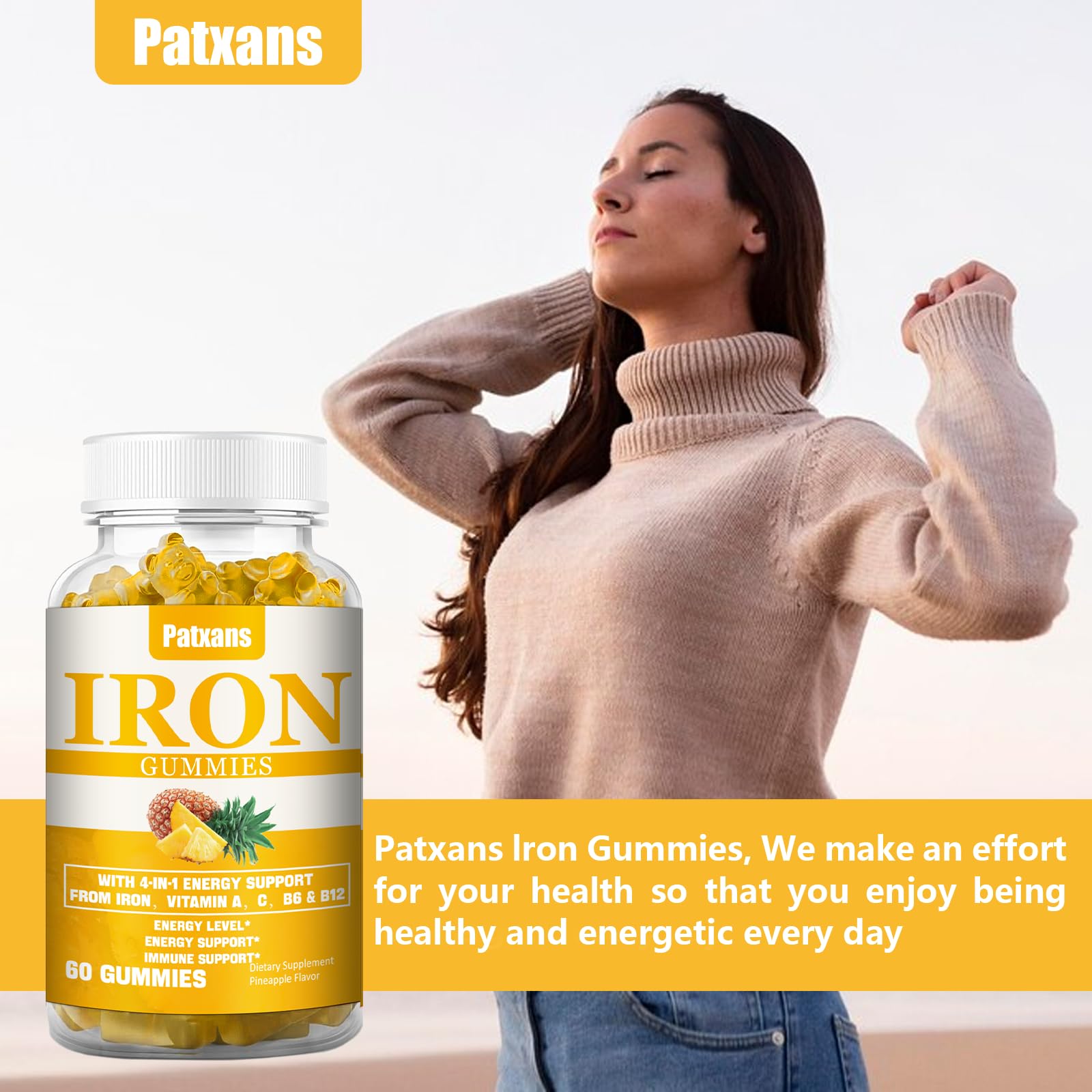 Patxans iron gummies pineapple finish suggesting travel-friendly nutrition