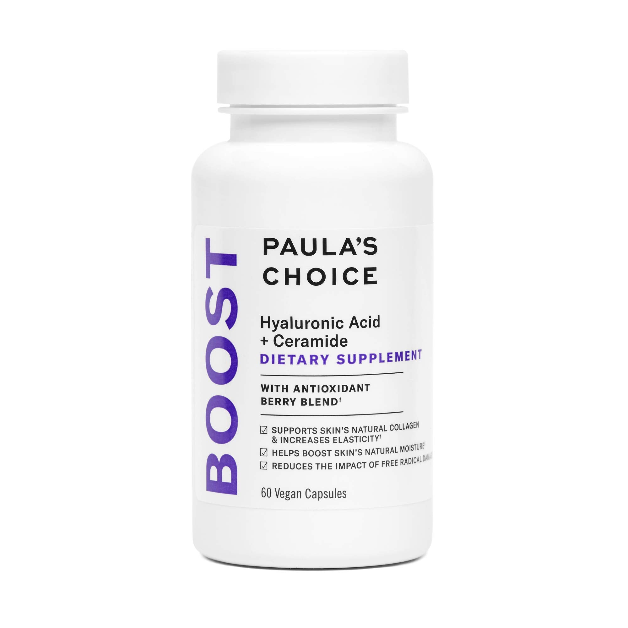 Paula's Choice Hyaluronic Acid + Ceramide supplement bottle for hydration support.