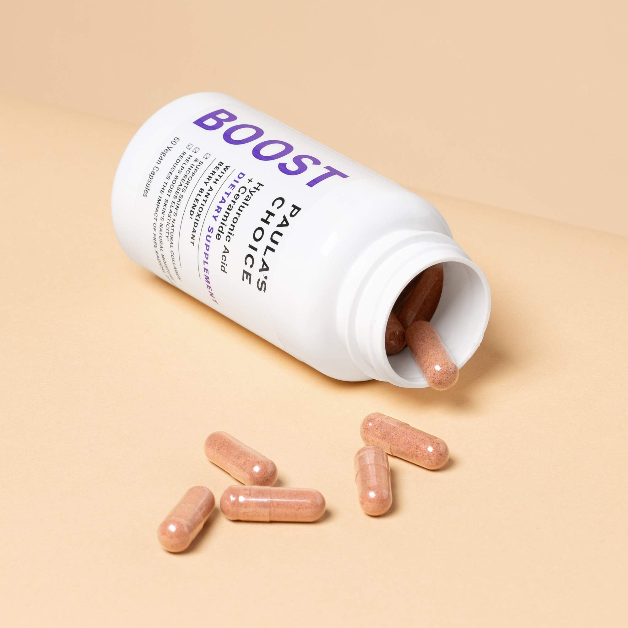 Paula's Choice Hyaluronic Acid + Ceramide supplement label highlighting gluten-free and soy-free features.