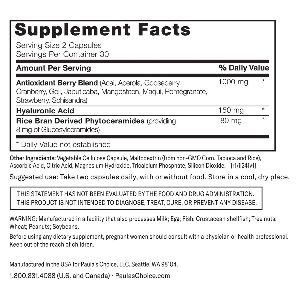 Paula's Choice Hyaluronic Acid + Ceramide supplement serving size on package.