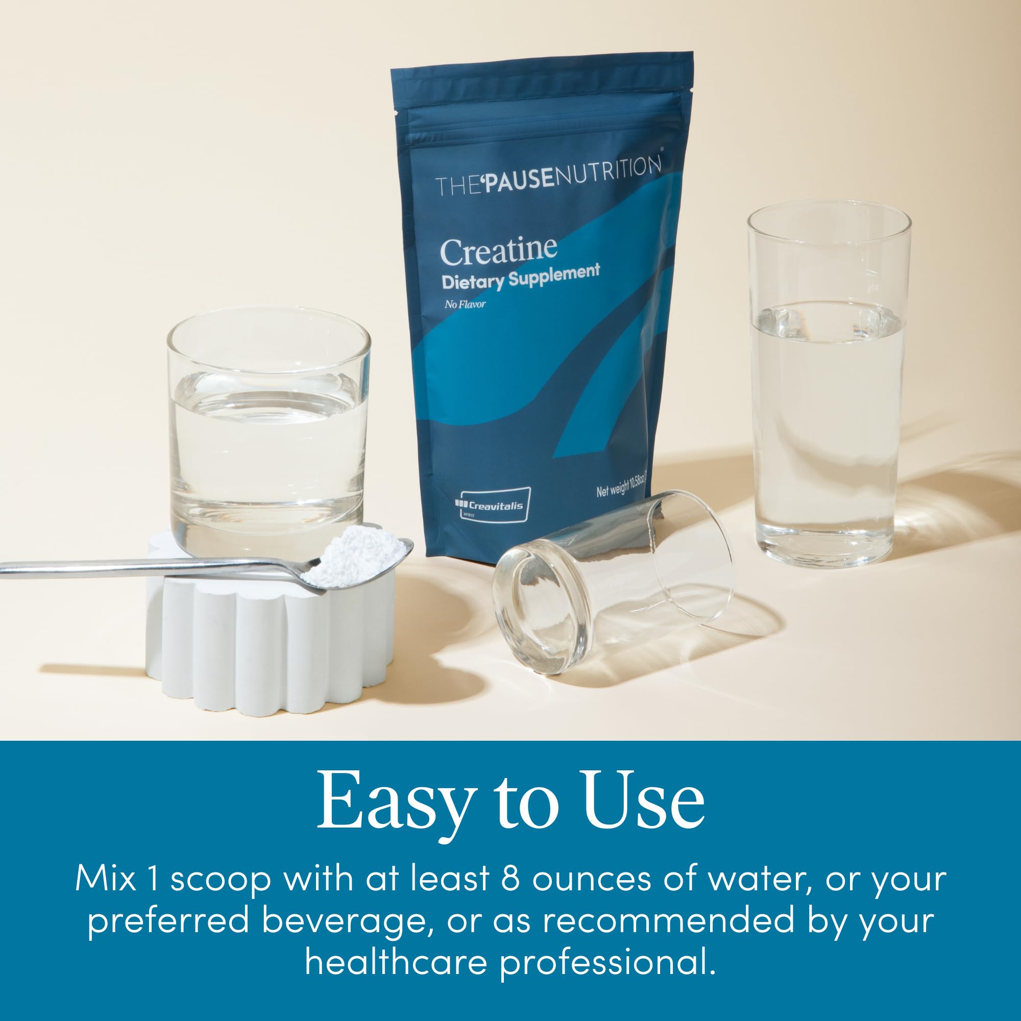 The Pause Life Creatine Powder blends easily into beverages.