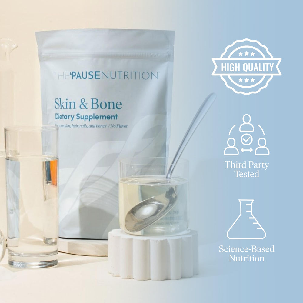 Pause Life hyaluronic acid ingredient emphasizes hydration support in a clear powder form.