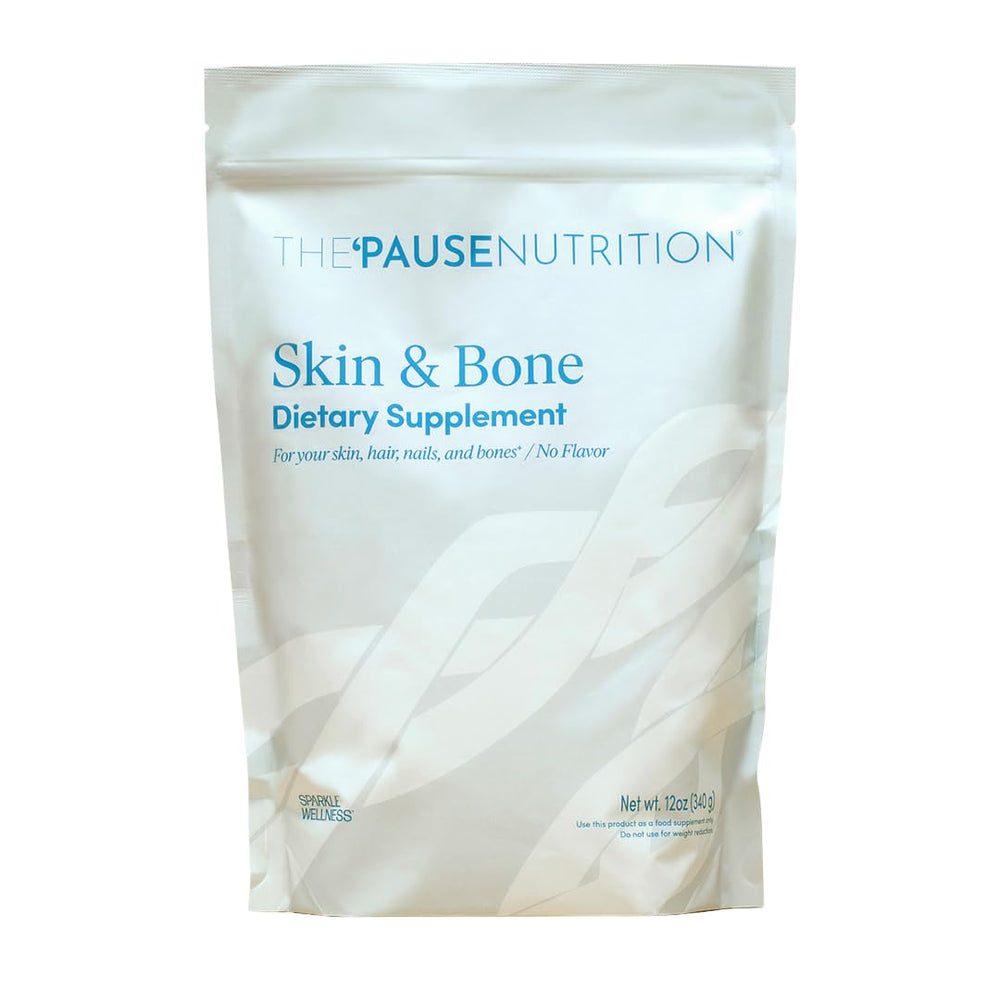 The Pause Life Skin & Bone powder tub shown as a versatile daily supplement for collagen support.