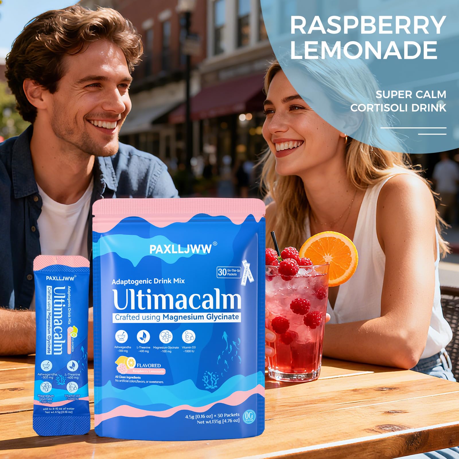 PAXLLJWW UltraCalm raspberry-lemonade flavor in a glass for a relaxing break.