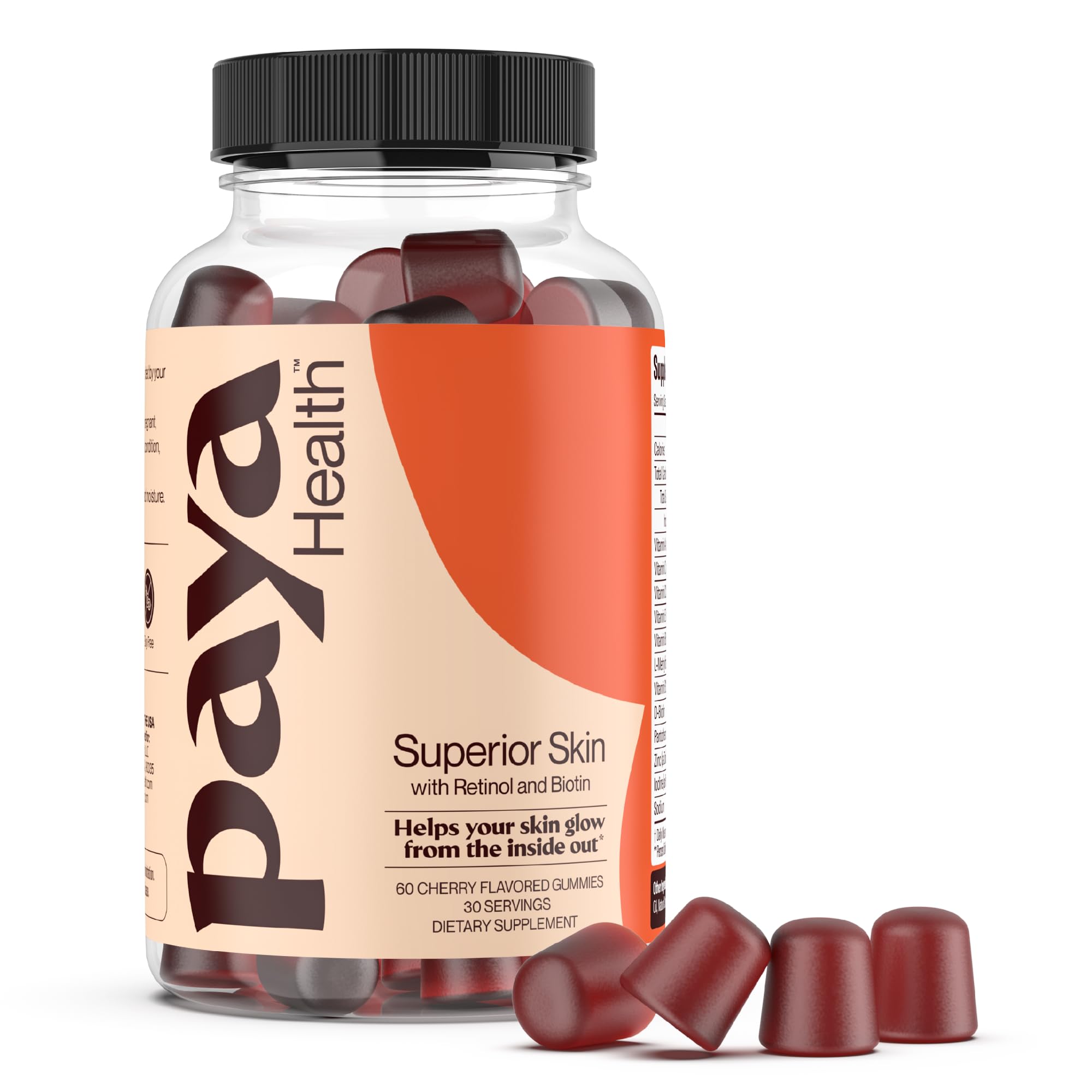 Paya Health skin retinol gummies jar highlighting skin support benefits.