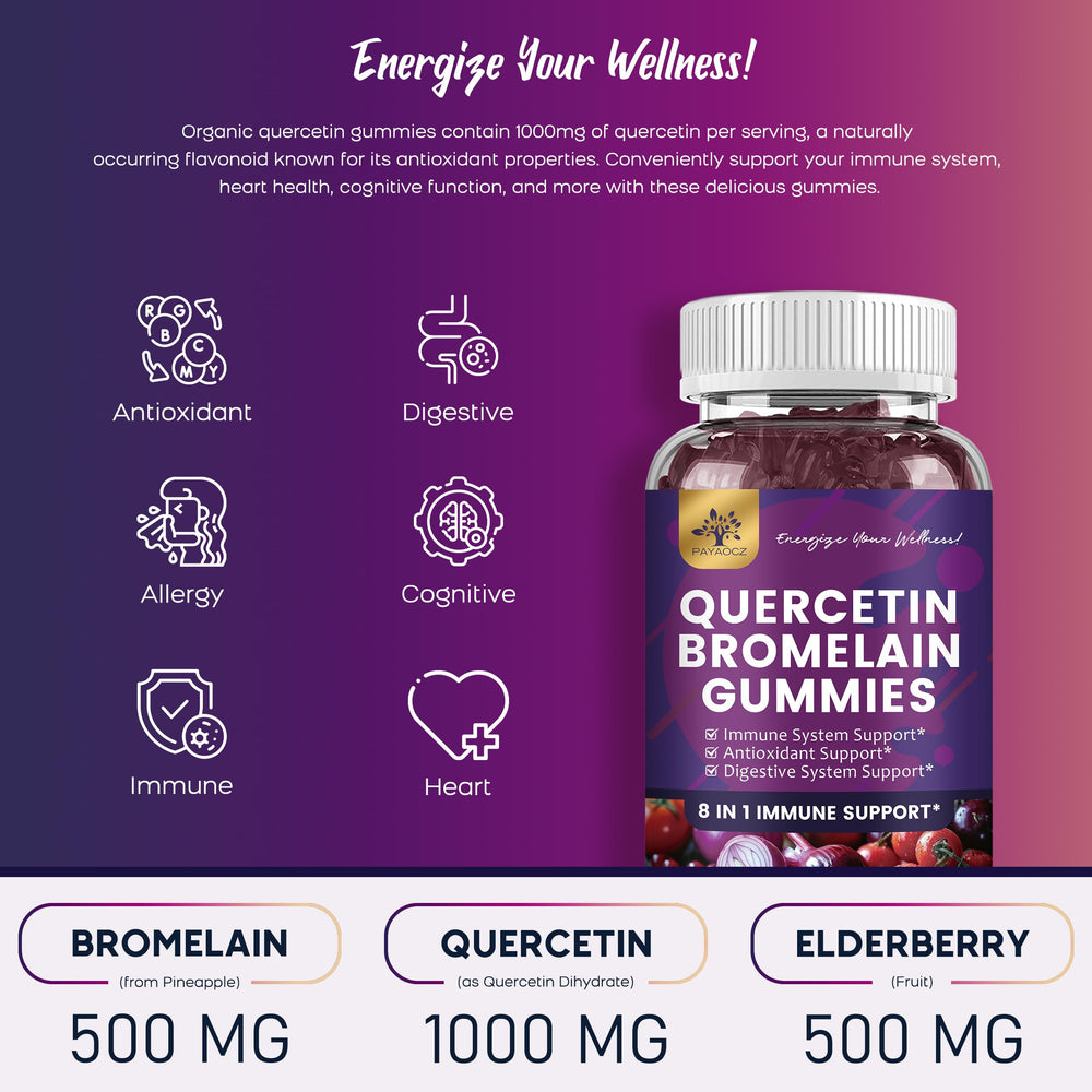 PAYAOCZ Quercetin Gummies close-up shows chewy texture and natural flavors.