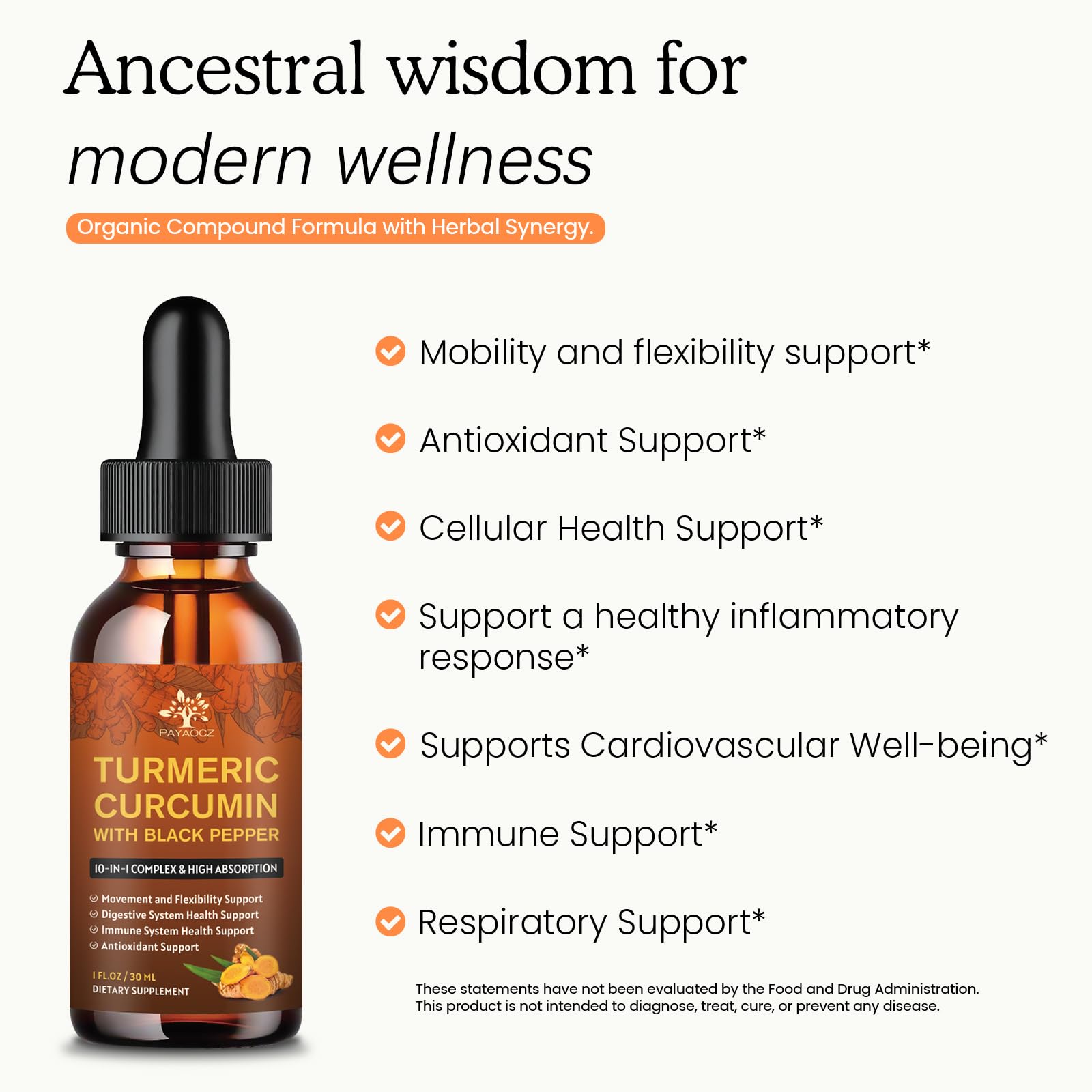 PAYAOCZ turmeric drops with ginger and black pepper visual for improved absorption.