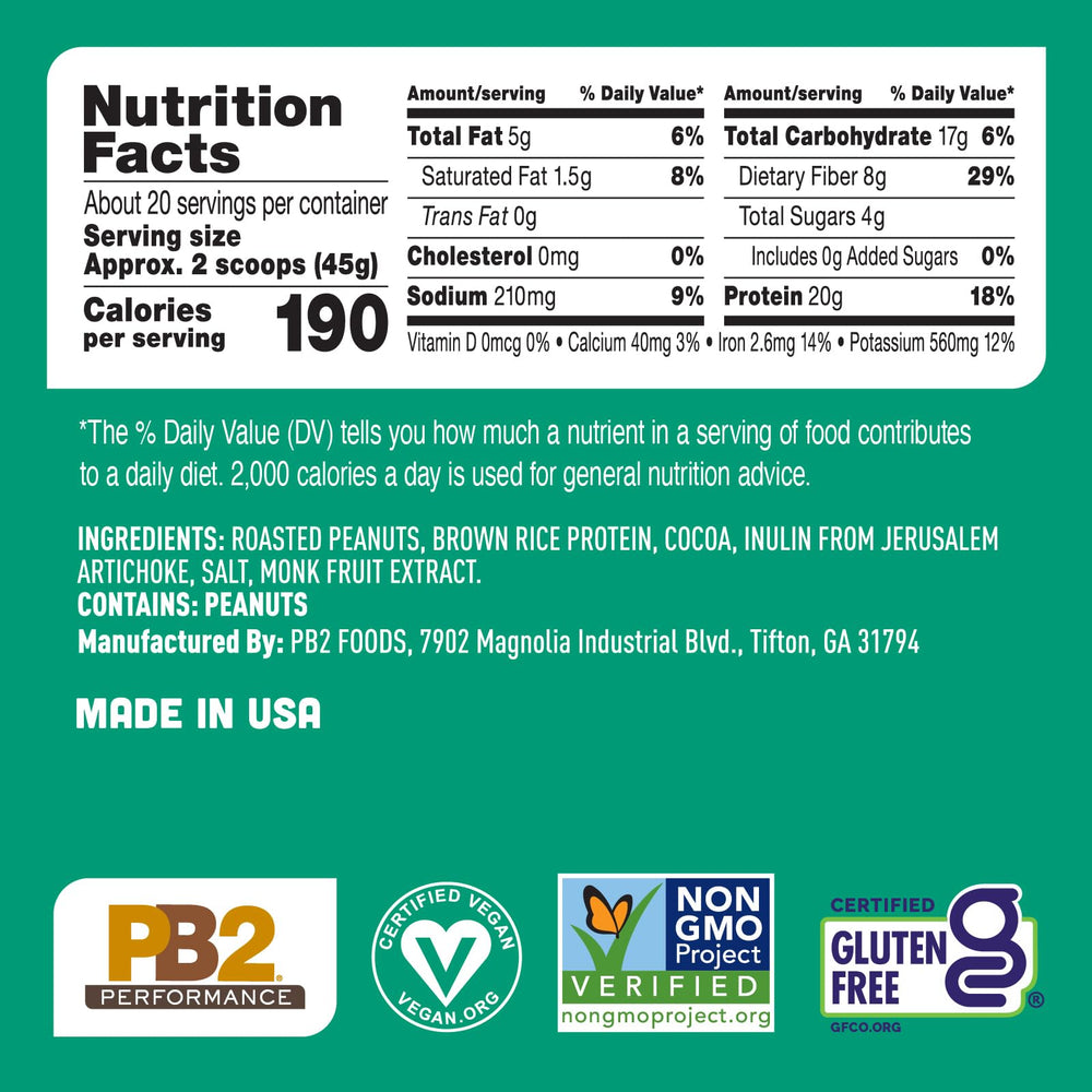 PB2 non-GMO vegan protein powder bag highlights certified quality.