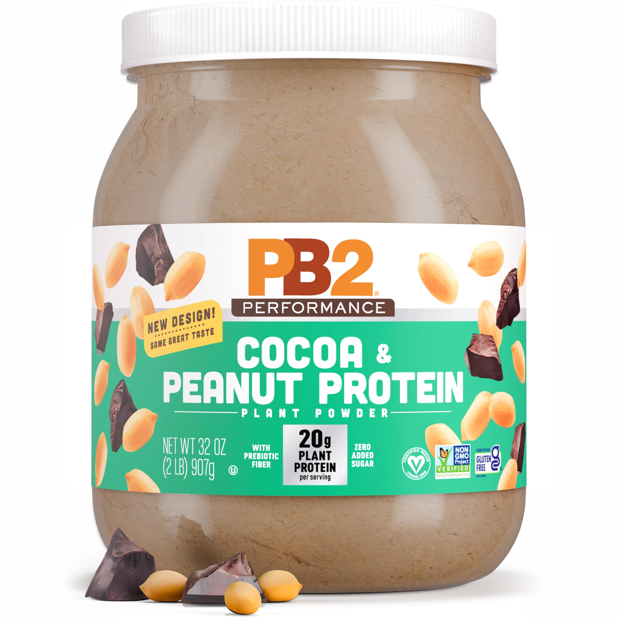 PB2 peanut protein powder with cocoa bottle for a rich, dairy-free chocolate shake.