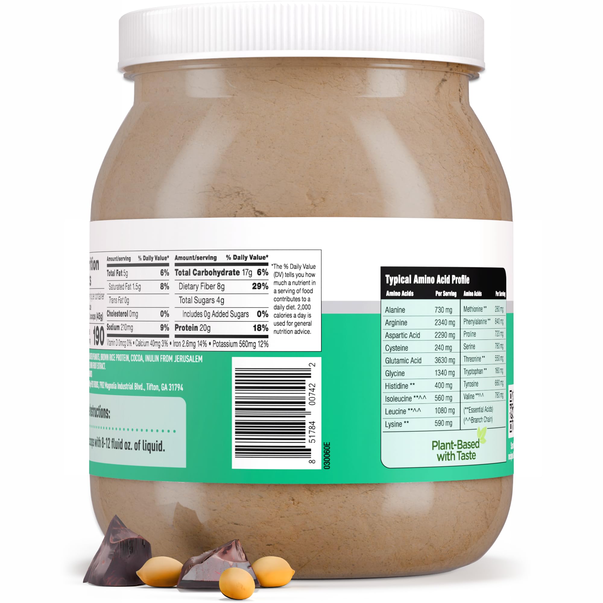 PB2 peanut protein powder jar with measuring spoon for easy mixing.