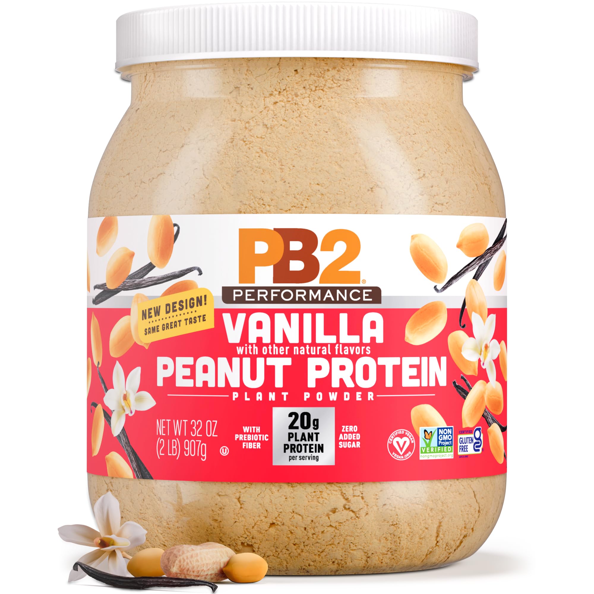 PB2 Performance Peanut Vanilla bottle highlighting zero added sugars for a clean protein option