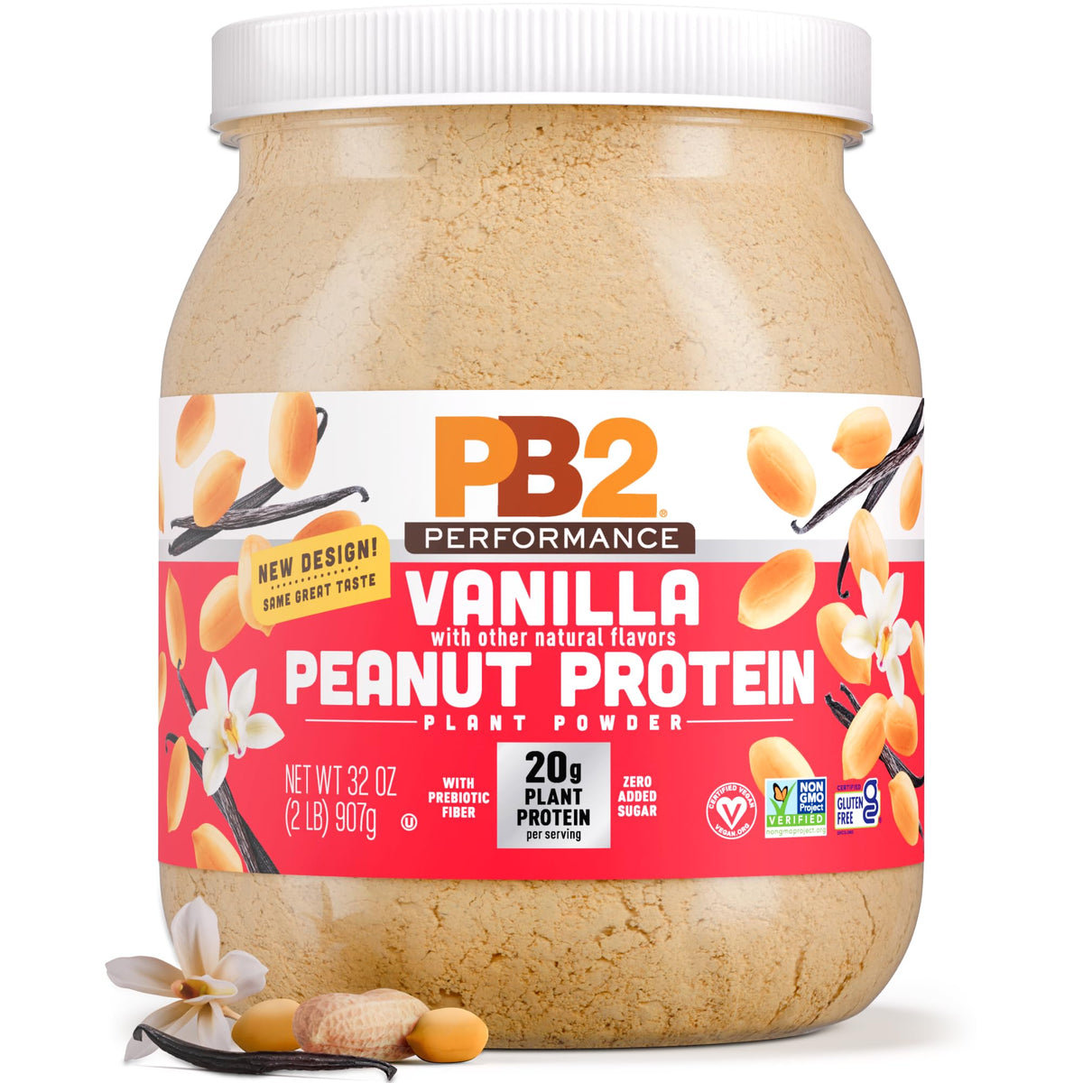 PB2 Performance Peanut Vanilla bottle highlighting zero added sugars for a clean protein option