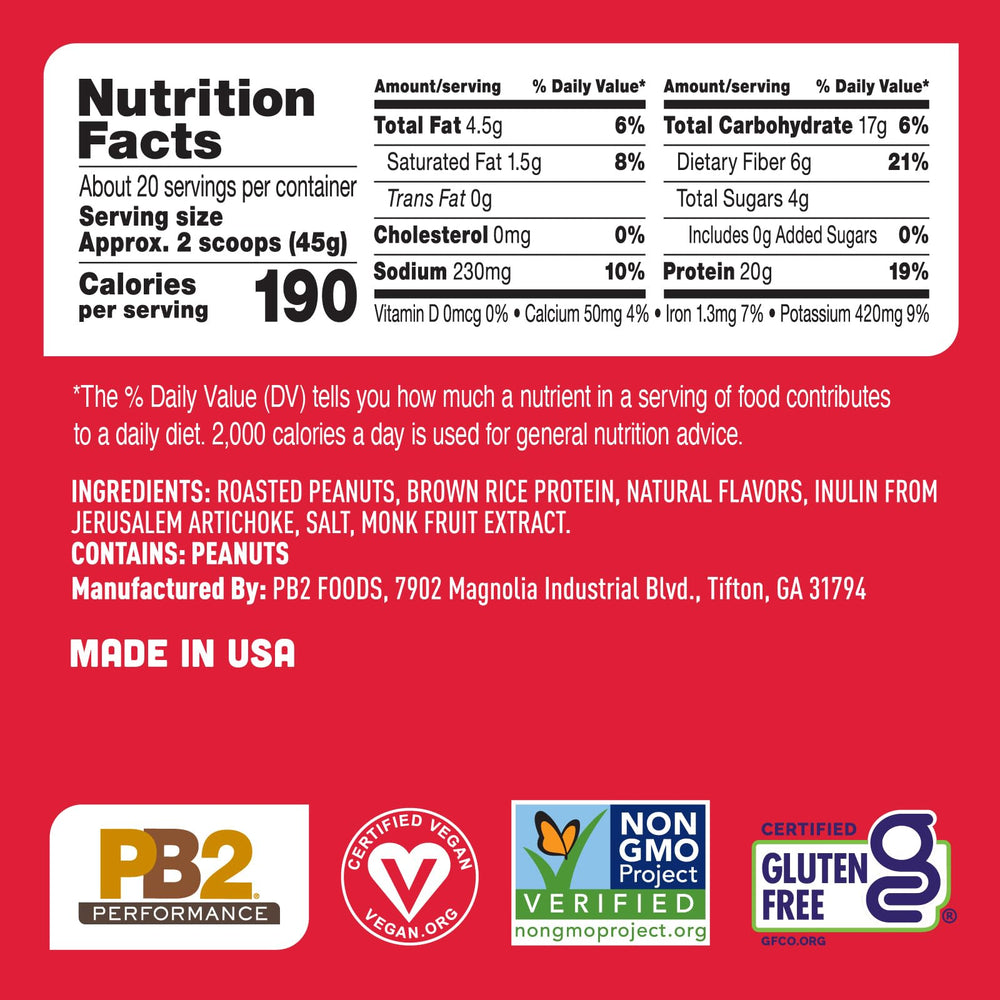 PB2 Performance diet drink pour demonstrates zero added sugars and prebiotic fiber