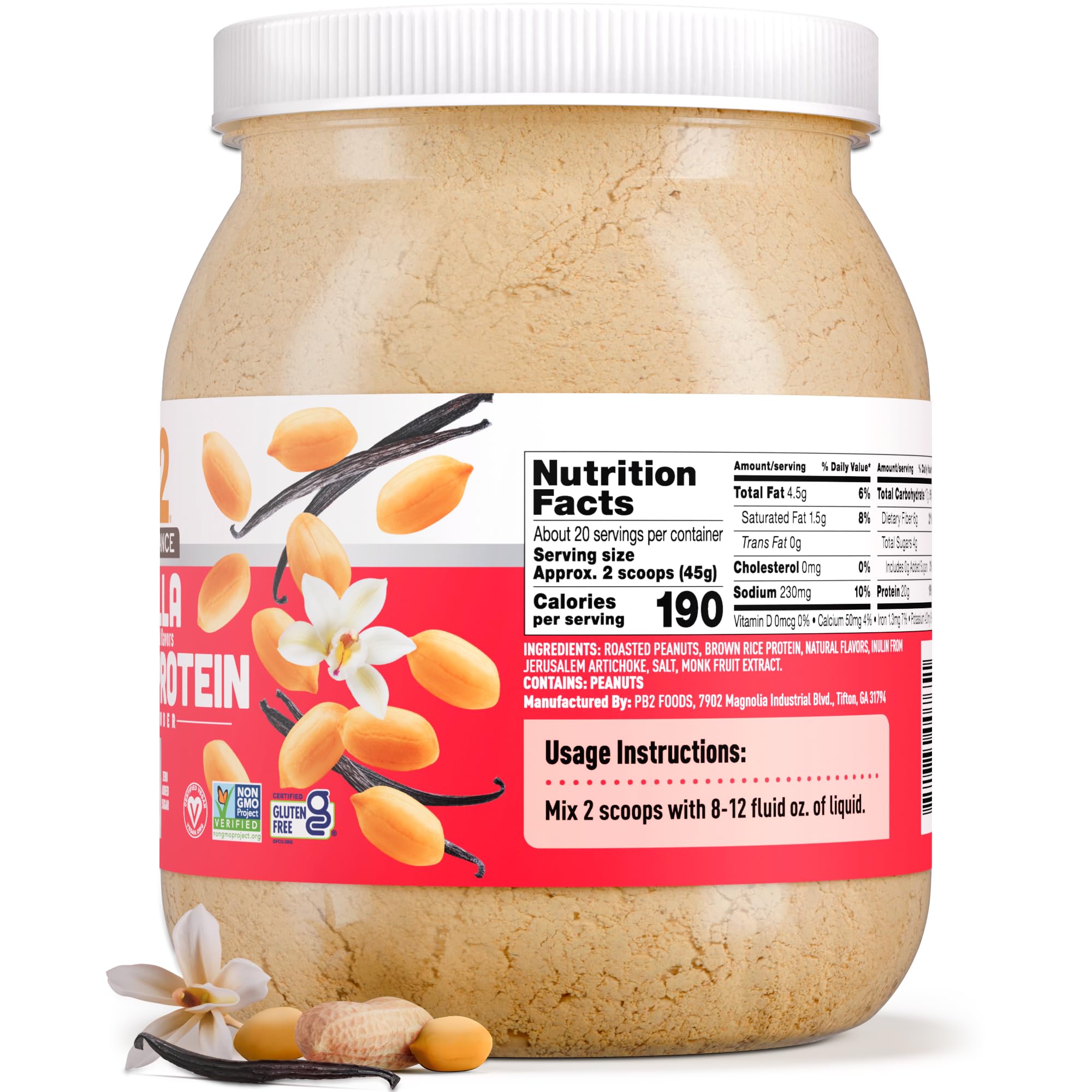 PB2 Performance vanilla powder jar on a kitchen shelf