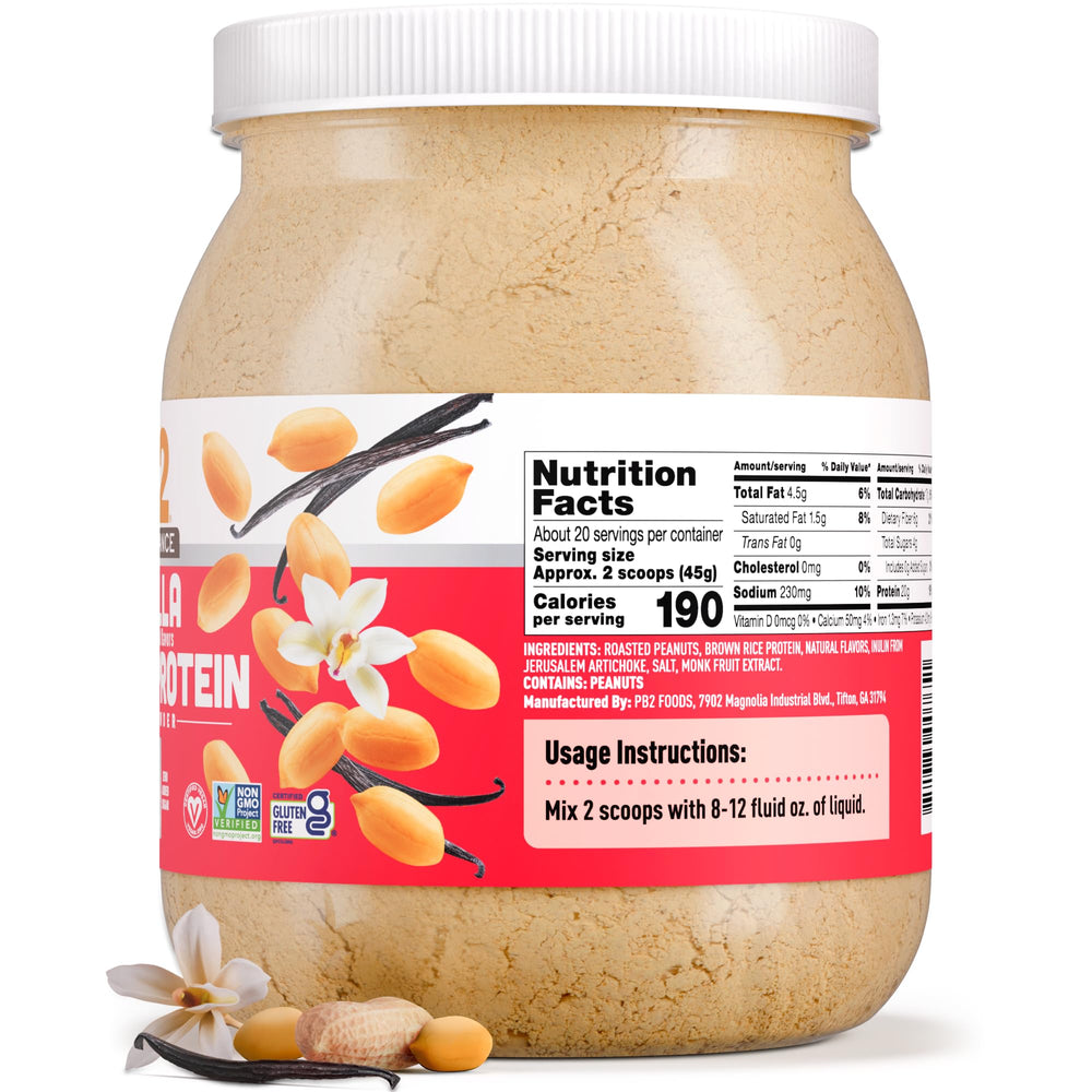 PB2 Performance vanilla powder jar on a kitchen shelf