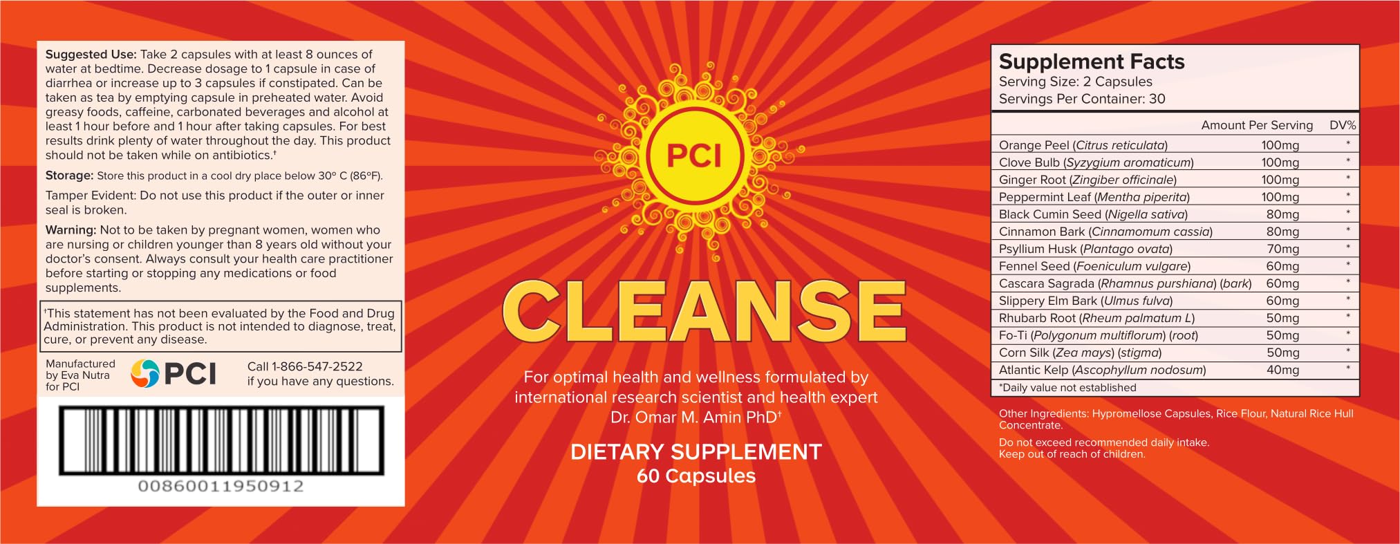 PCI Cleanse Herbal Remedy bottle back with usage directions for daily detox.