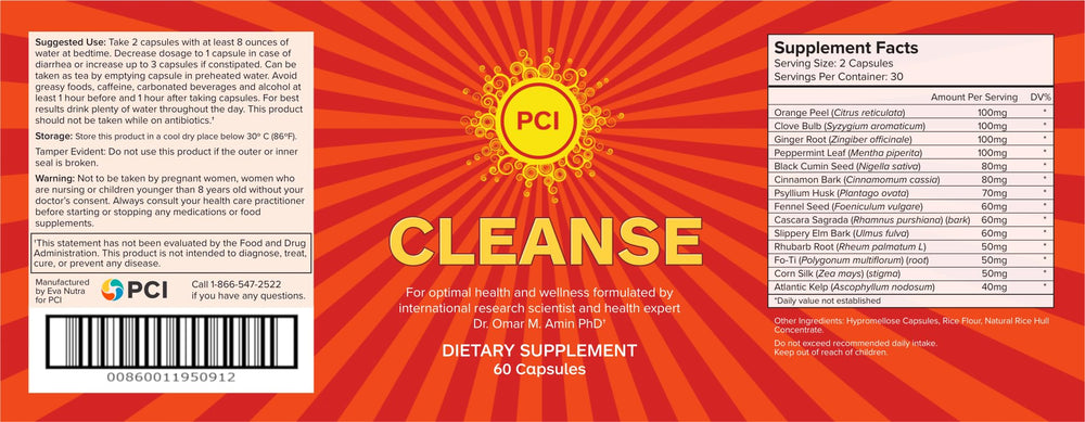 PCI Cleanse Herbal Remedy bottle back with usage directions for daily detox.
