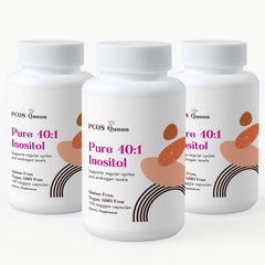 PCOS Queen Pure 40:1 Inositol bottle highlighting cycle support.