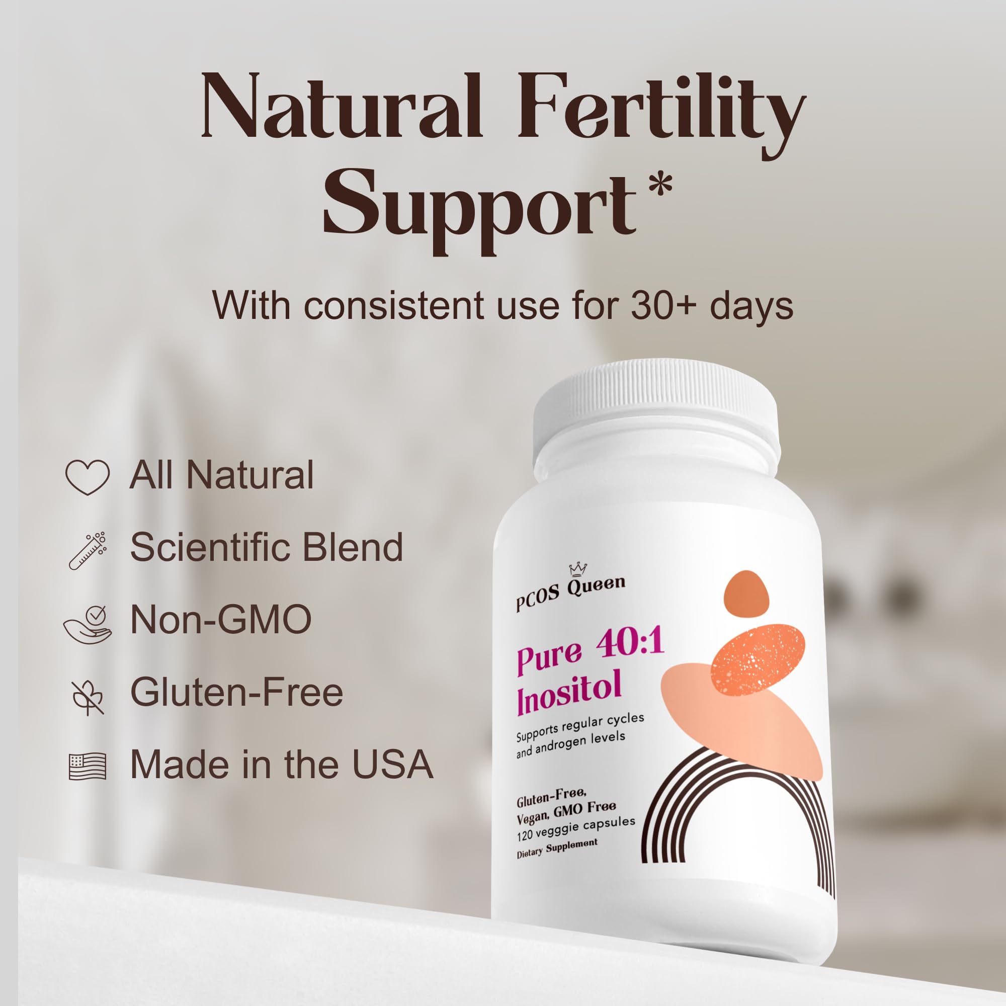PCOS Queen Pure label close-up highlighting gluten-free and GMO-free formula.