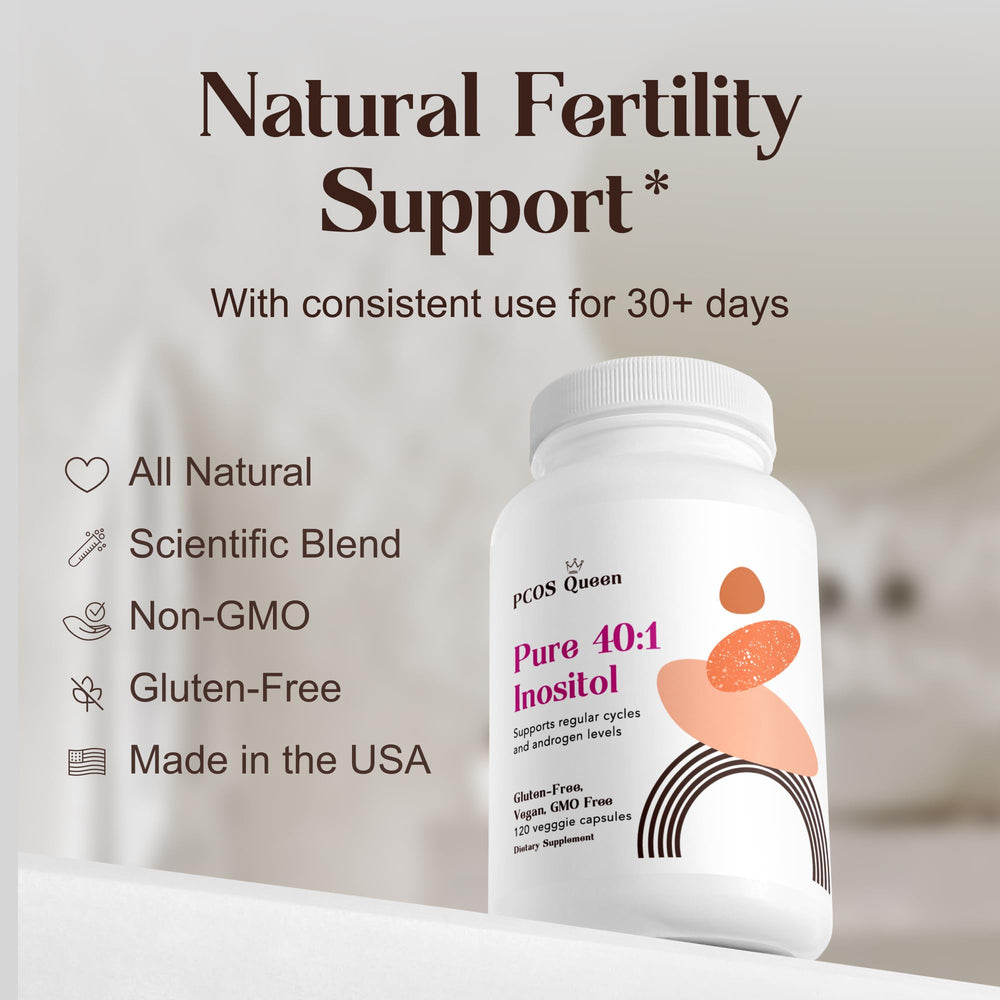 PCOS Queen Pure label close-up highlighting gluten-free and GMO-free formula.