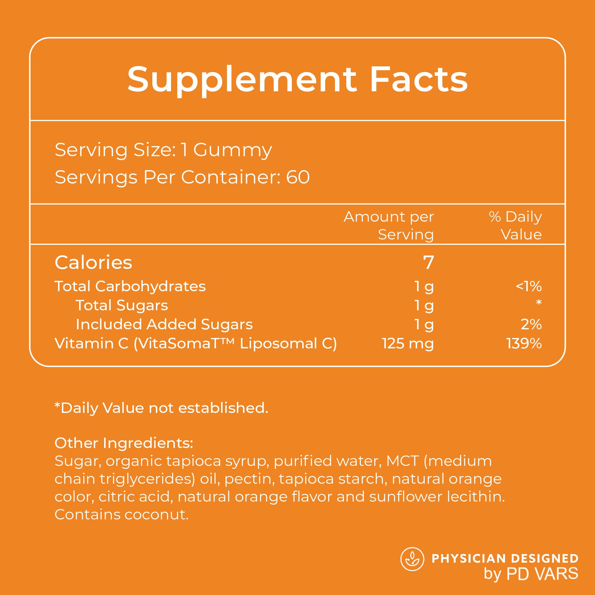PD VARS liposomal vitamin C gummies ingredients panel, all-natural formulation
