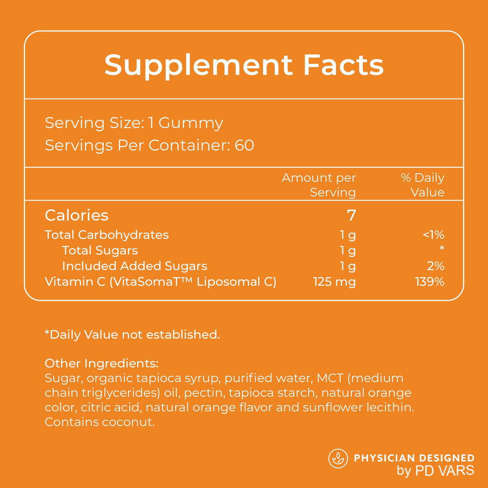 PD VARS liposomal vitamin C gummies ingredients panel, all-natural formulation