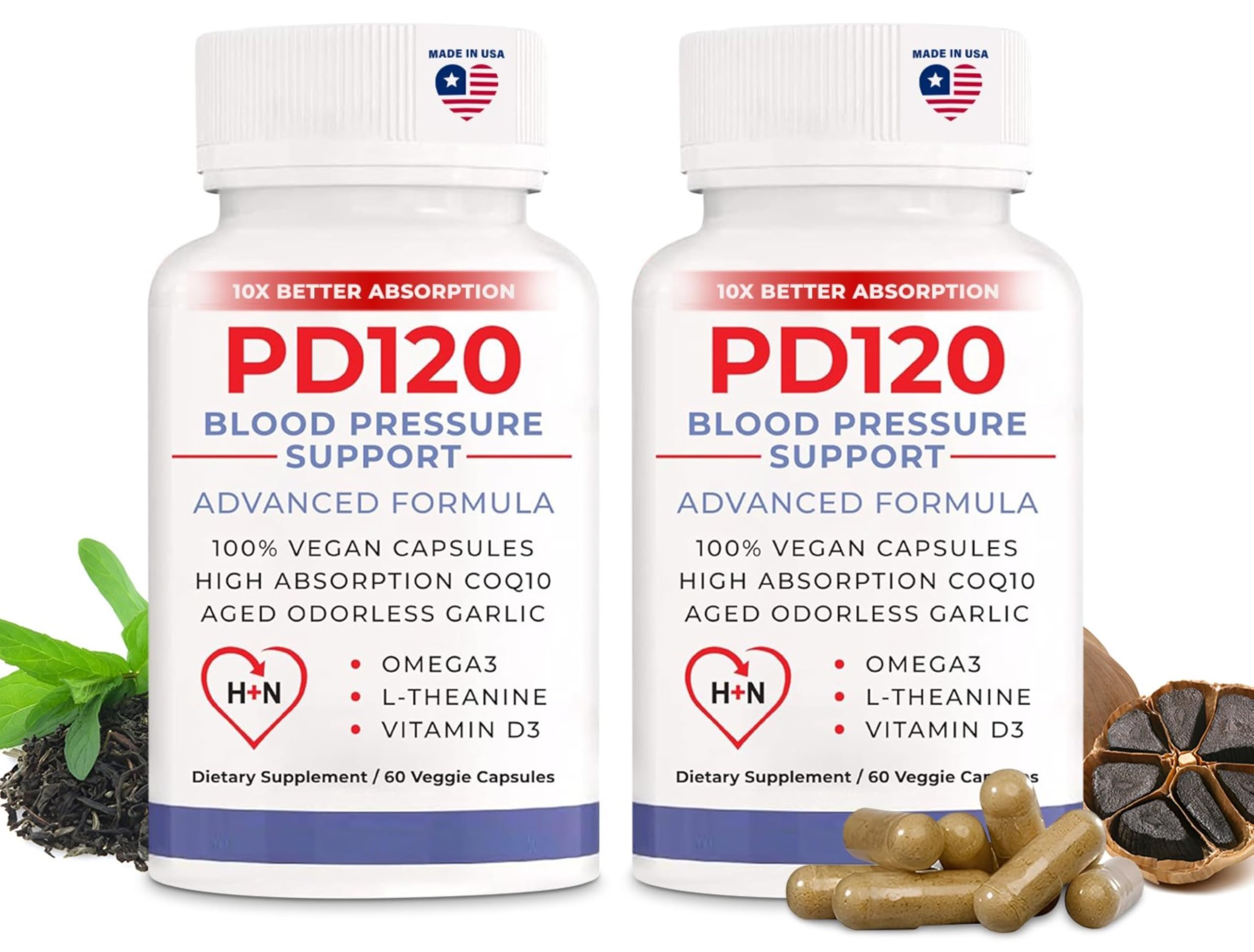 PD120 natural blood pressure supplement bottle showing convenient capsules for daily support
