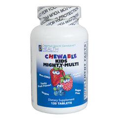 PDI Health Kids Mighty-Multi chewable pack highlighting non-GMO multivitamin for kids.