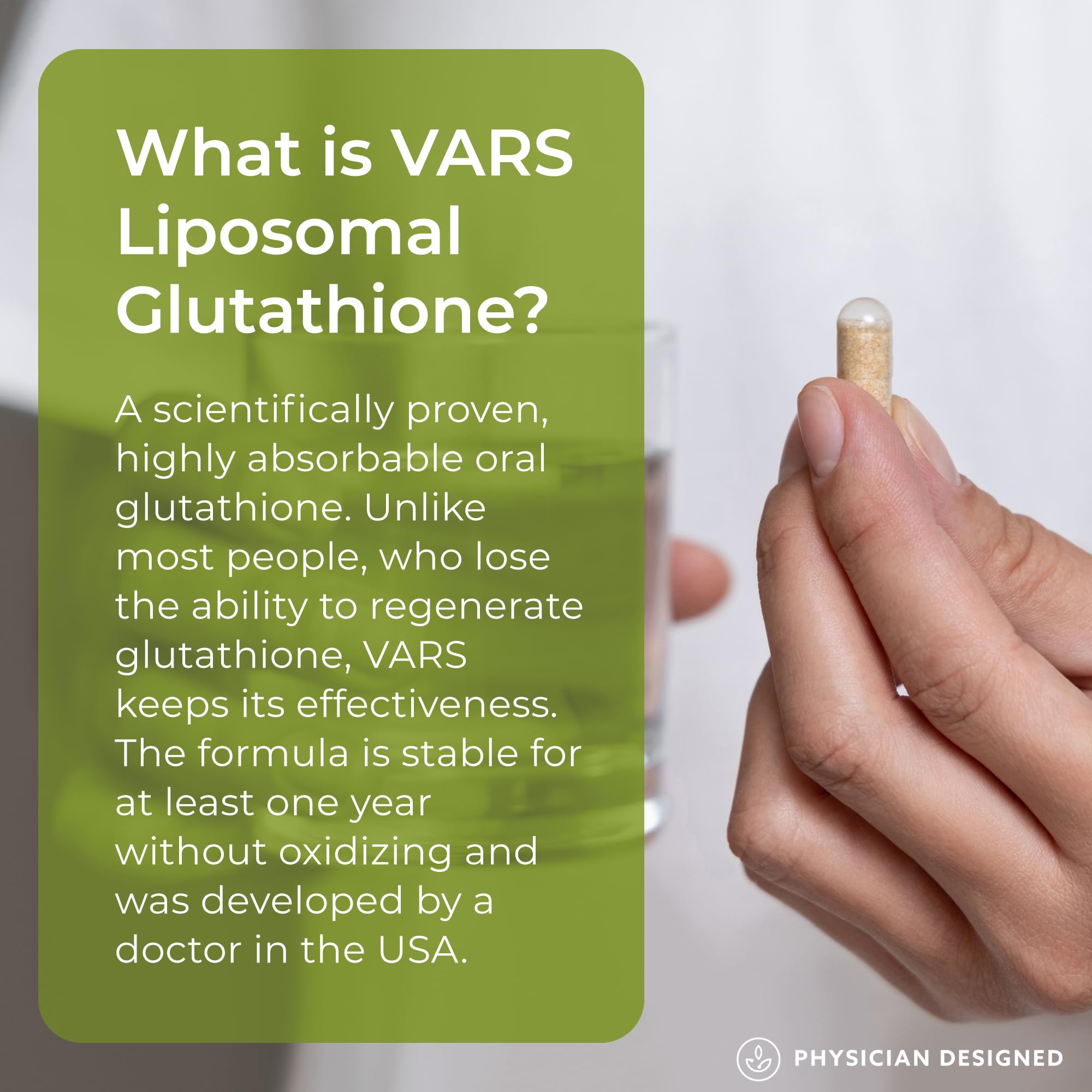 PD VARS glutathione capsules close-up showing odorless design