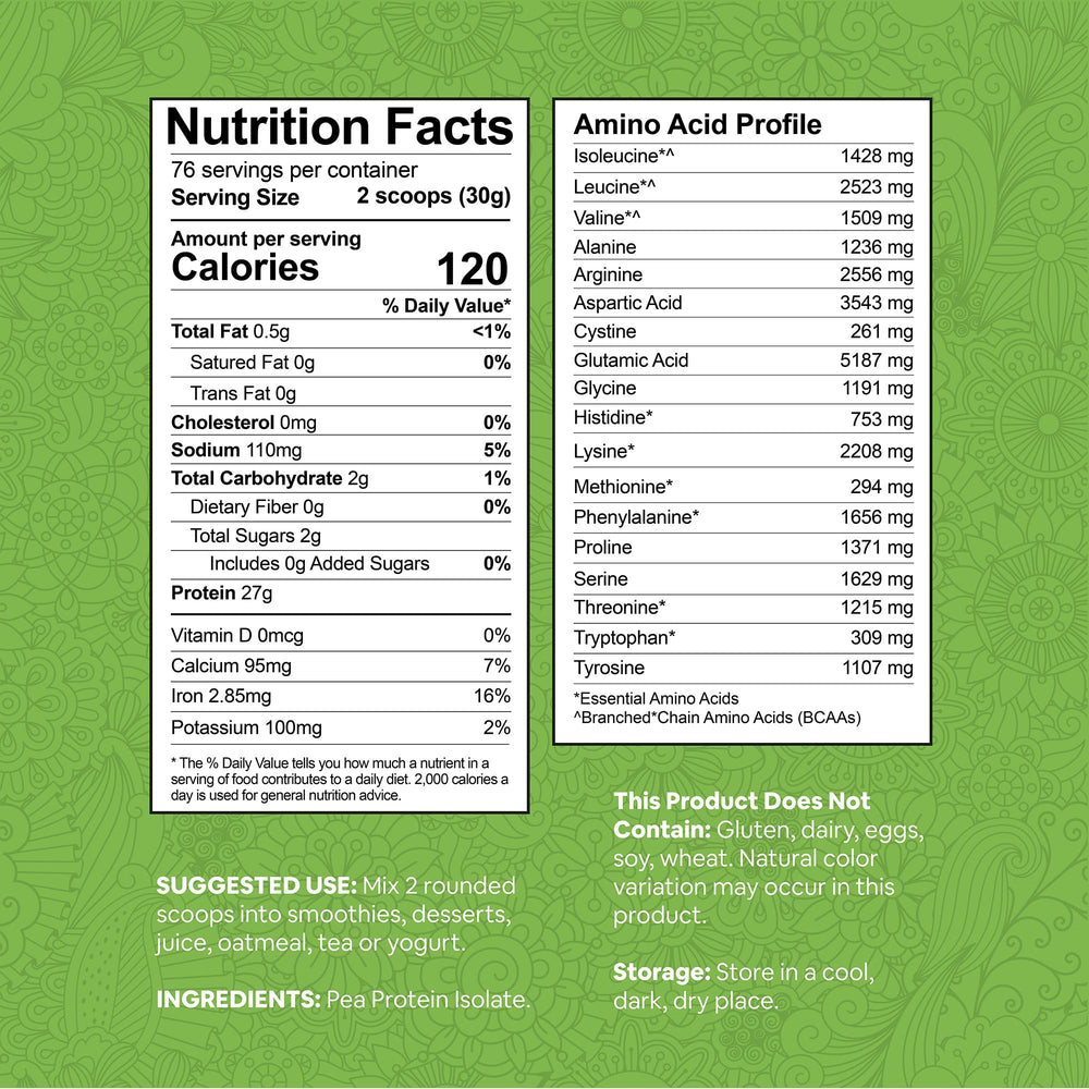 Pea Protein Powder bag back highlights non-GMO and gluten-free attributes