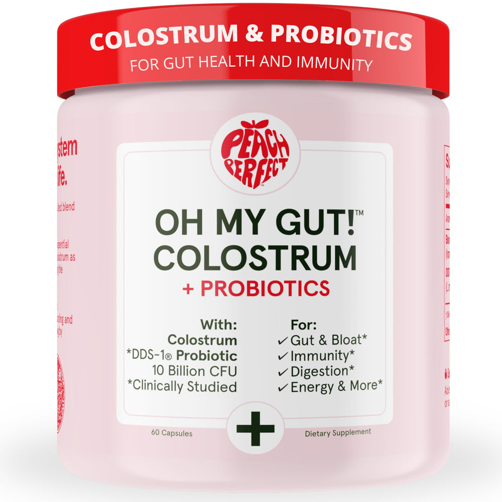 Peach Perfect Colostrum capsules for daily gut wellness and vitality.
