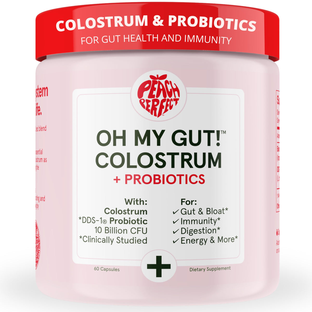 Peach Perfect Colostrum capsules for daily gut wellness and vitality.
