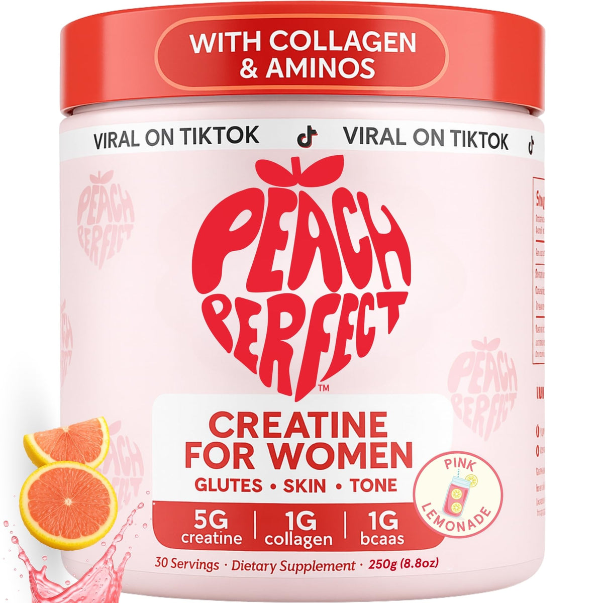 Peach Perfect creatine bottle pour for a refreshing pink lemonade workout drink.