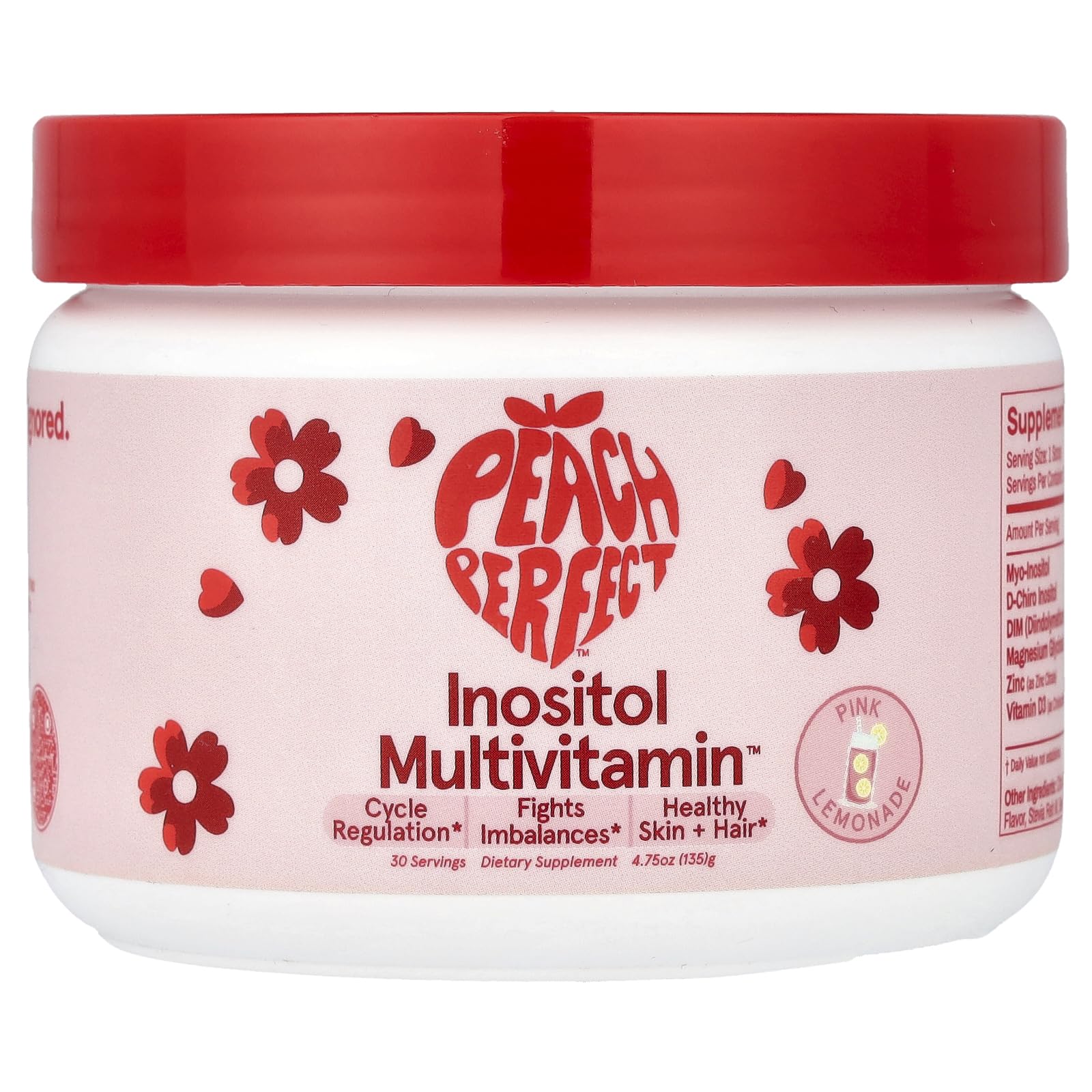 Peach Perfect Inositol pink lemonade bottle for daily wellness support and balanced energy.