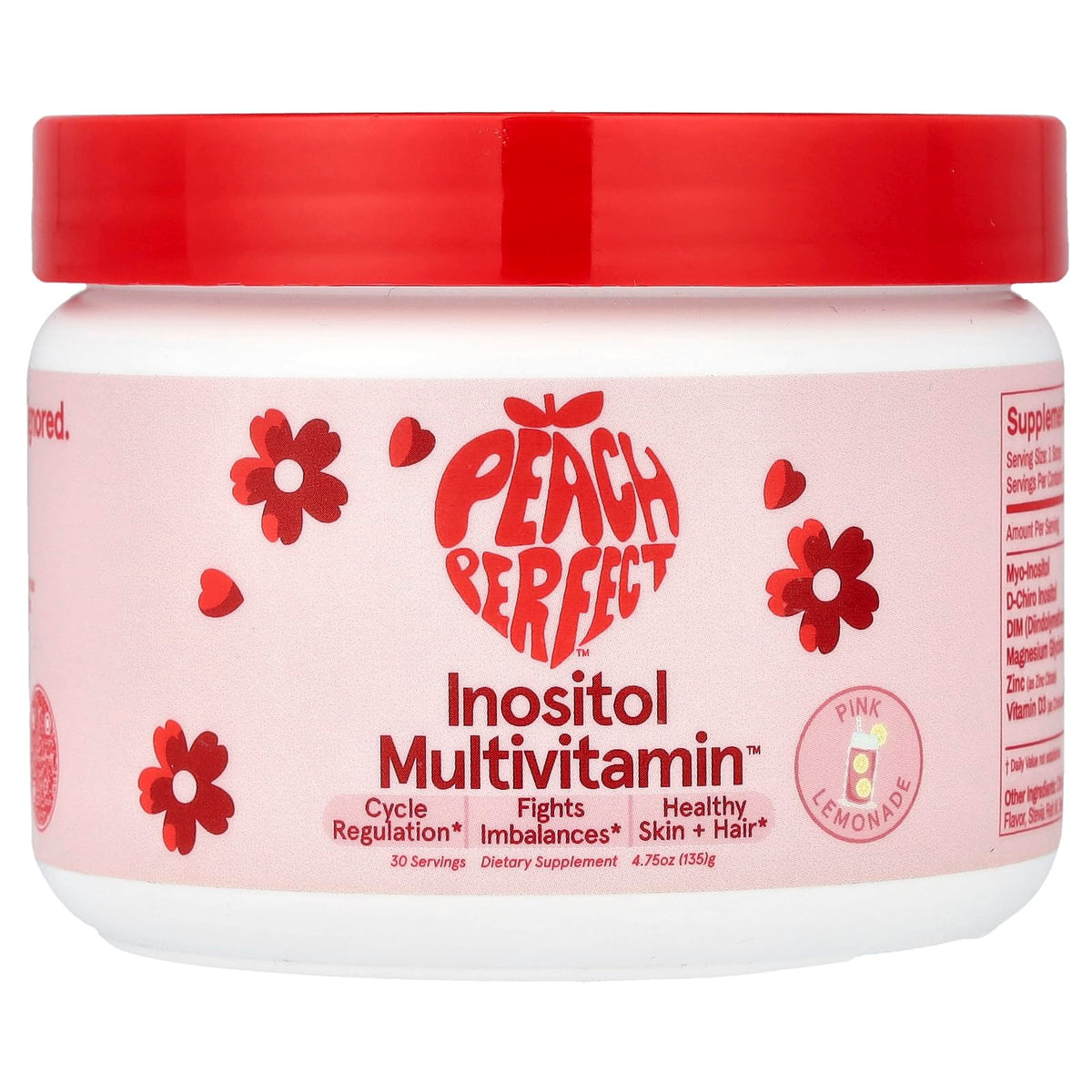 Peach Perfect Inositol pink lemonade bottle for daily wellness support and balanced energy.