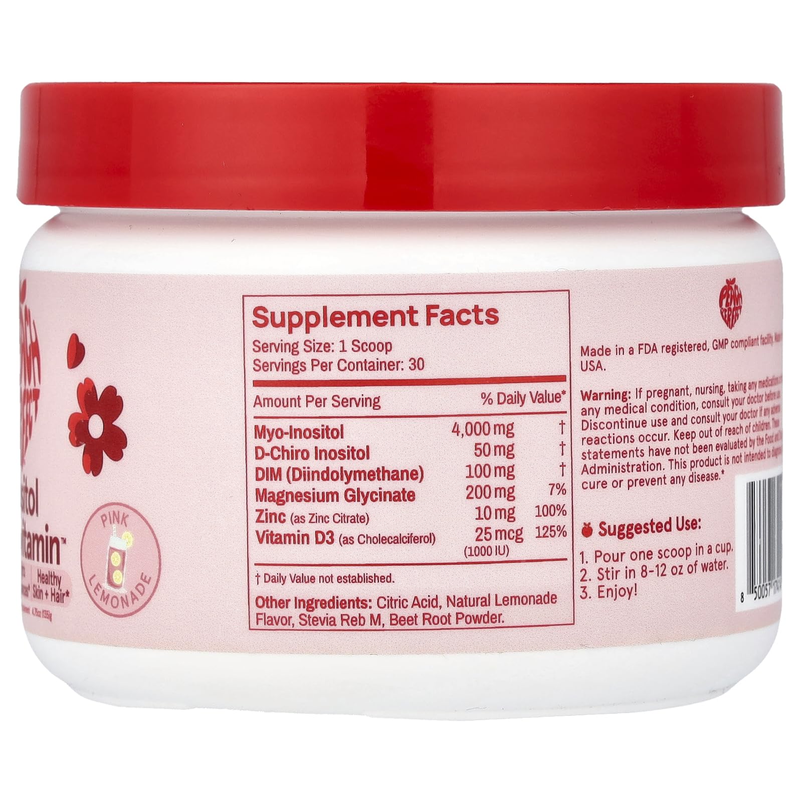 Peach Perfect Inositol pink lemonade packaging highlighting a vitamin blend for women's health.