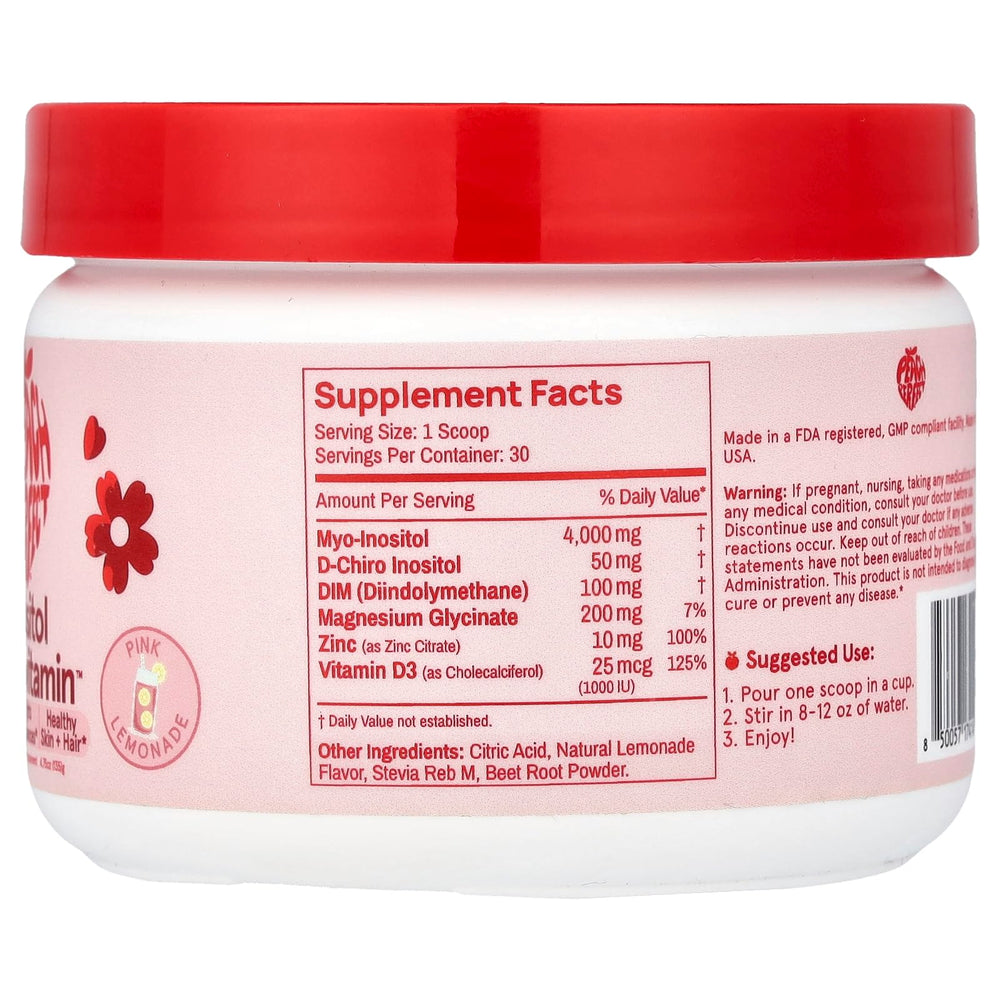 Peach Perfect Inositol pink lemonade packaging highlighting a vitamin blend for women's health.